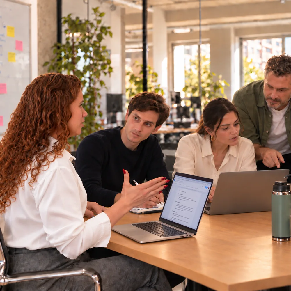 Equipo de trabajo reunido alrededor de una mesa
